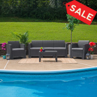 Flash Furniture DAD-SF-113T-DKGY-GG 4 Piece Outdoor Faux Rattan Chair, Sofa and Table Set in Dark Gray 